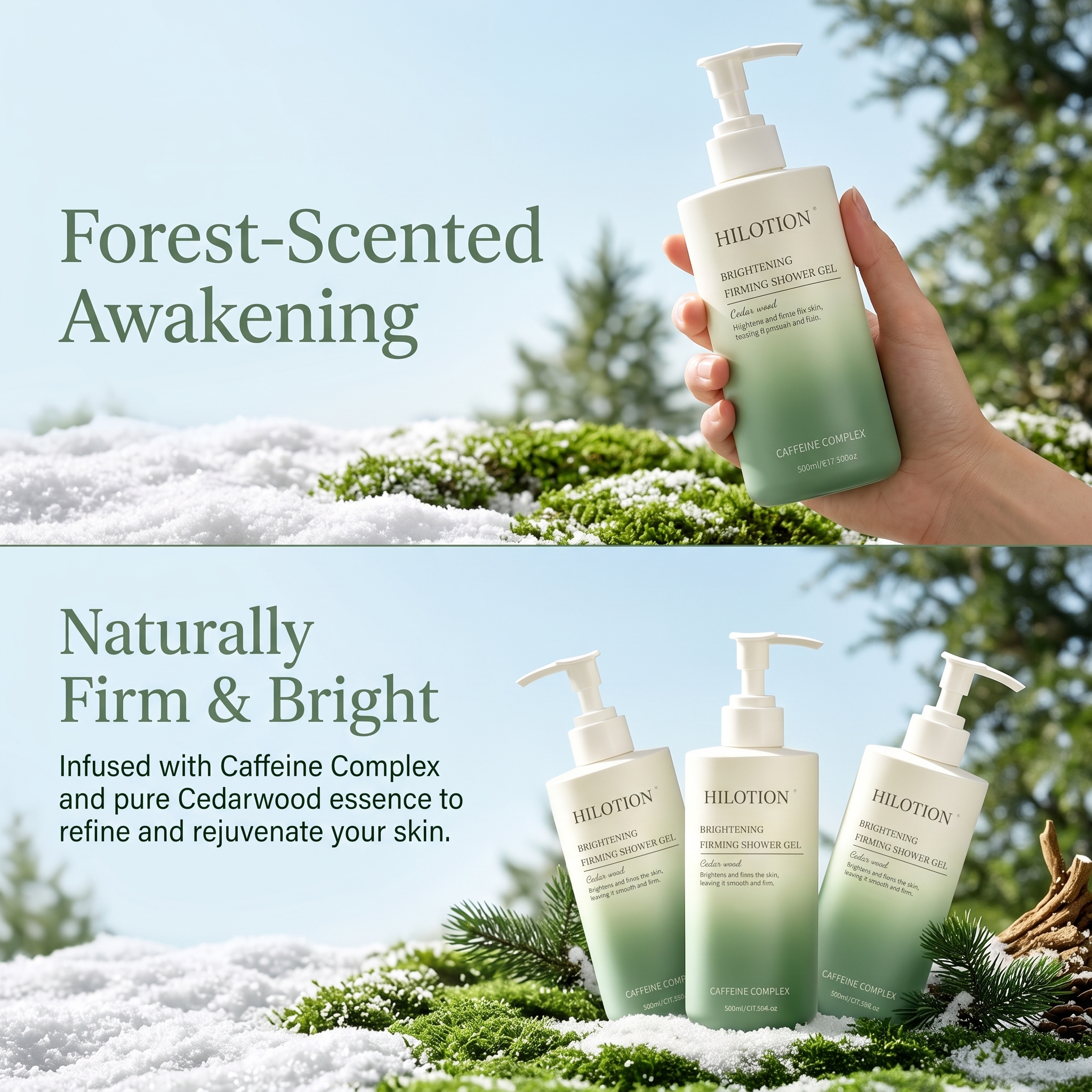 Hilotion Brightening & Firming Shower Gel with Caffeine Complex - Cedar Wood Scent (500ml) - Image 5