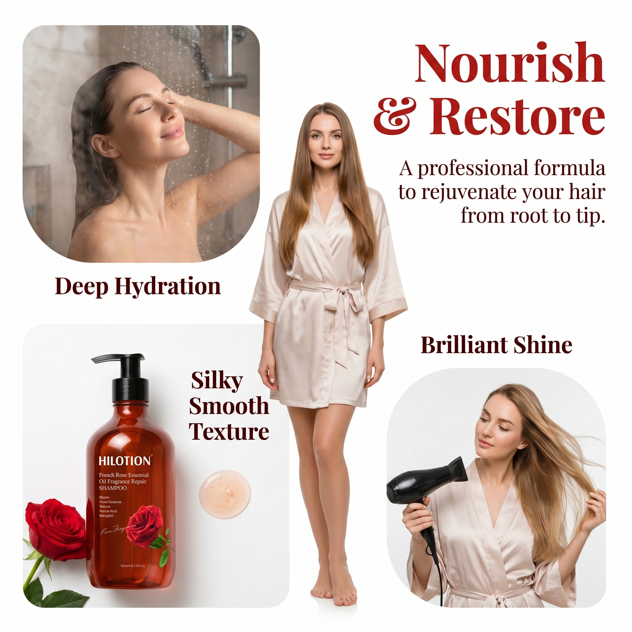 Hilotion French Rose Essential Oil Repair Shampoo 520ml Amino Acid Hair Care - Image 3